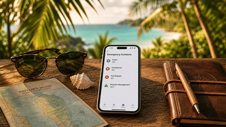 A smartphone displaying emergency numbers sits on a wooden table beside a map of Havelock Island, sunglasses, a seashell, and a leather notebook.