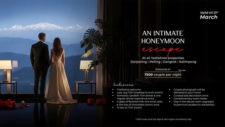 Promotional banner for “An Intimate Honeymoon Escape” at Yashshree properties featuring a couple overlooking snow-capped mountains with offer details valid till 31st March.