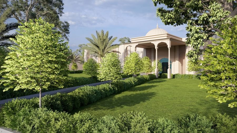 Luxurious Bamboo Saa Sunrrise Wedding & Wellness Resort with a grand arched entrance, set amidst a manicured lawn.