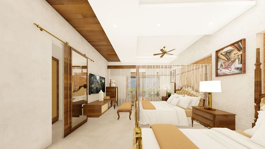 Interior showcasing two master beddings of Trishvam Suites, Trishvam Symphony, Krishnagiri