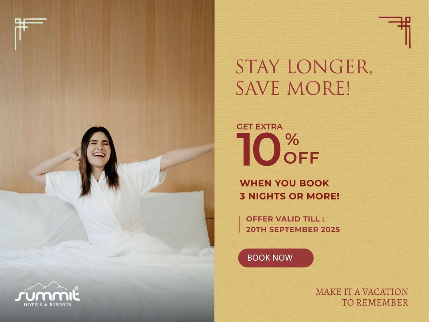 Stay longer save more banner with woman in bed highlighting 10% discount on 3-night stays at Summit Hotels.
