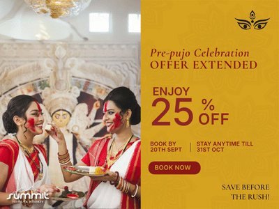 Pre-Pujo celebration offer banner with women in festive attire and 25% discount at Summit Hotels.