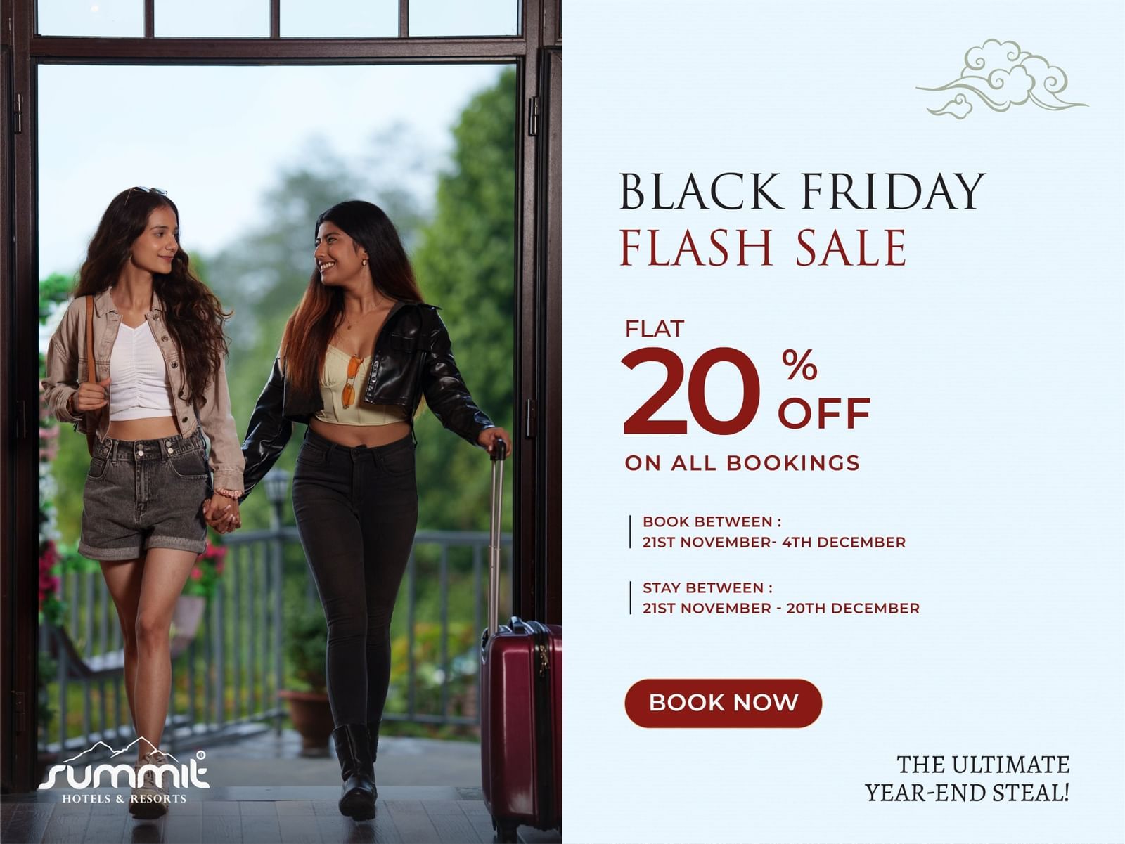 Black Friday flash sale banner with two women carrying luggage and 20% discount at Summit Hotels.