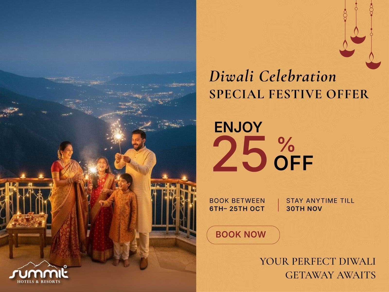 Creative of Diwali Special Celebration offering 25 percent discount discount. It also features a family of four playing with fire crackers.