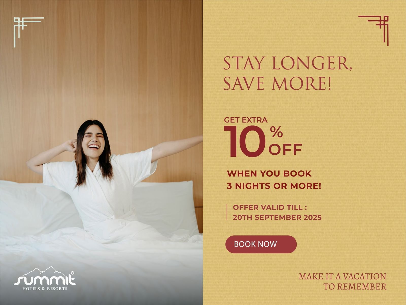Stay longer save more banner with woman in bed highlighting 10% discount on 3-night stays at Summit Hotels.