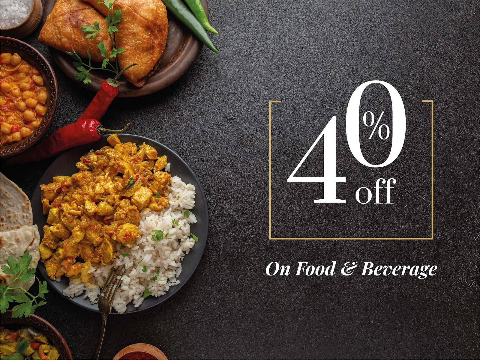 40% off on food and beverage offer with a delicious meal served on a plate, placed against a dark elegant background.