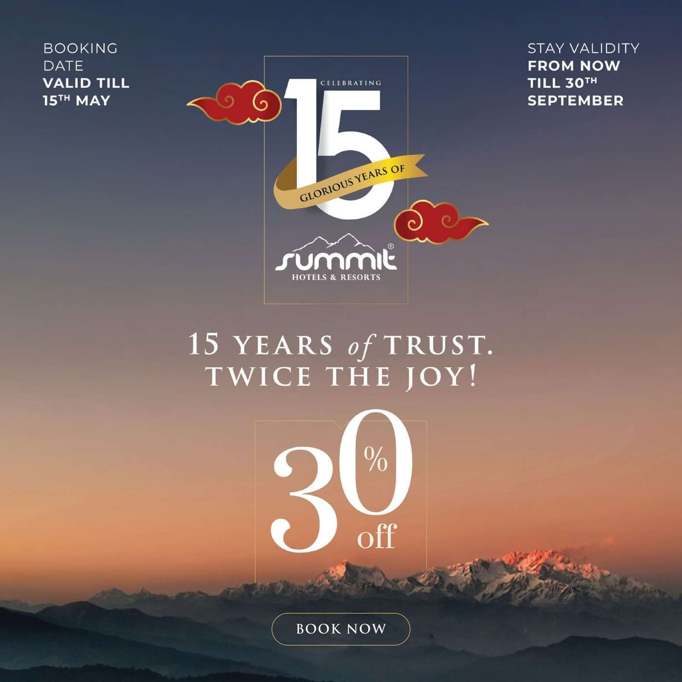 Promotional graphic for Summit Hotels & Resorts with a 15 years logo, red gift boxes, and text 15 years of trust — Twice the joy! 30% off. A mountain landscape is visible at the bottom.