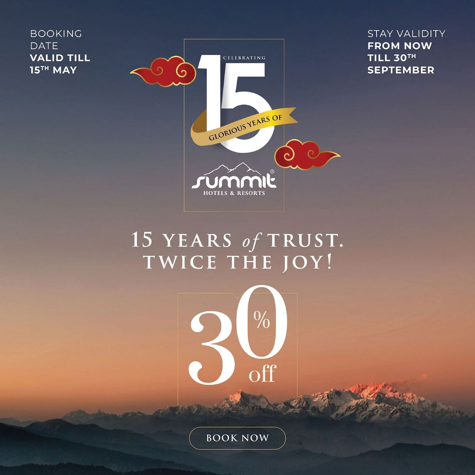Promotional graphic for Summit Hotels & Resorts with a 15 years logo, red gift boxes, and text 15 years of trust — Twice the joy! 30% off. A mountain landscape is visible at the bottom.