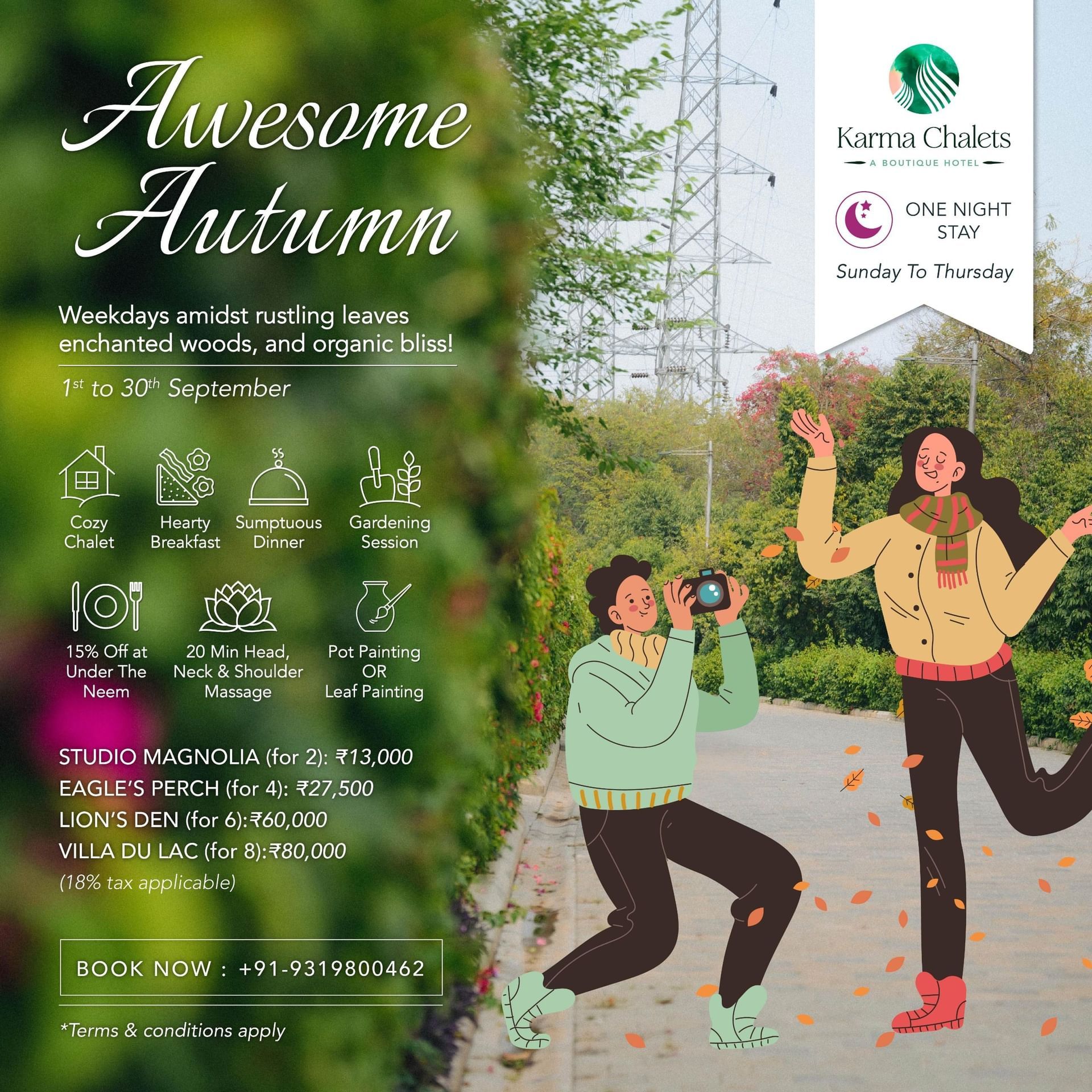 Promotional poster “Awesome Autumn” at Karma Chalets featuring a weekday stay offer with hearty breakfast, sumptuous dinner, gardening, massage, painting, and 15% off dining at Under The Neem.
