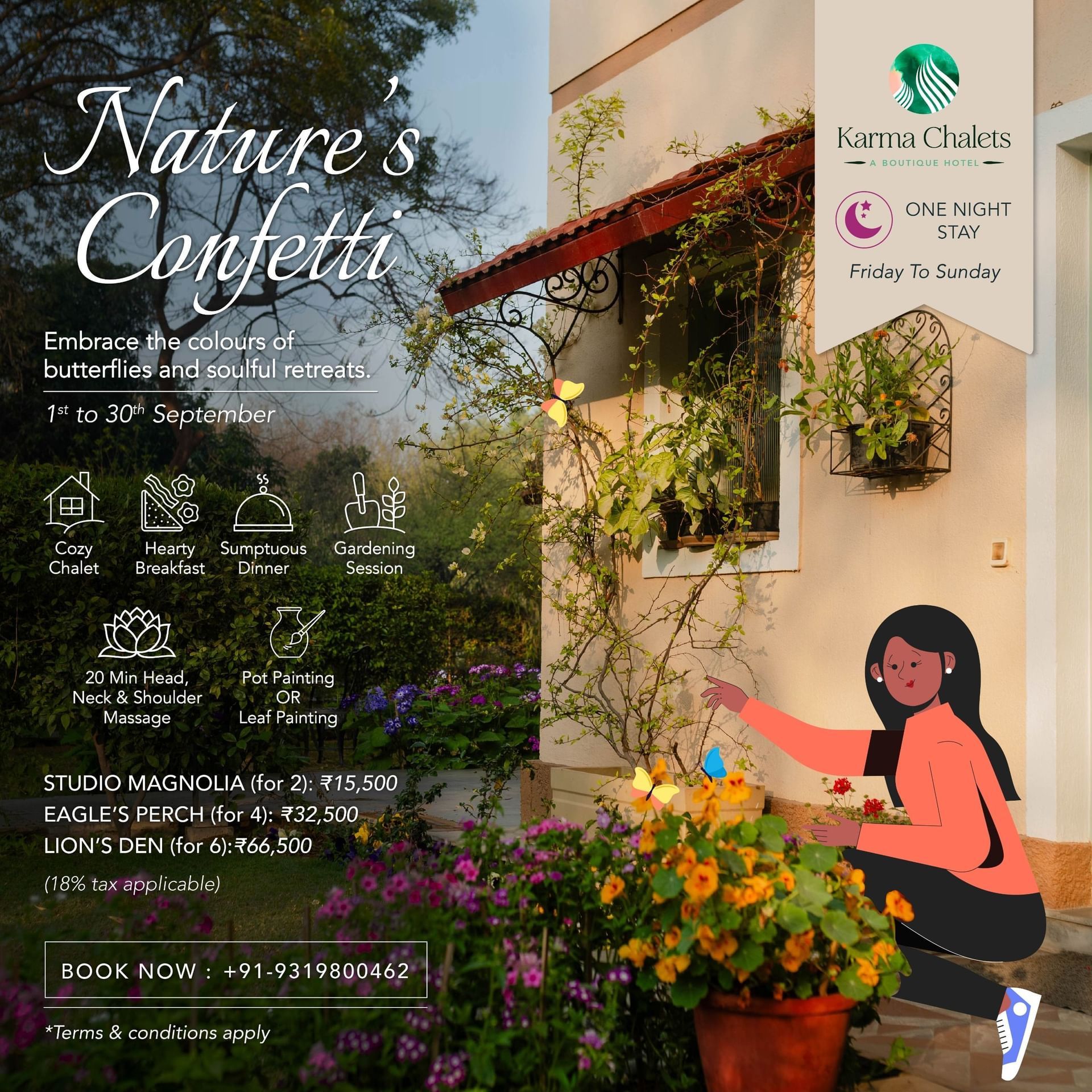 Promotional poster “Nature’s Confetti” at Karma Chalets showcasing a one-night stay with hearty breakfast, sumptuous dinner, gardening, massage, and painting sessions amidst colorful blooms.