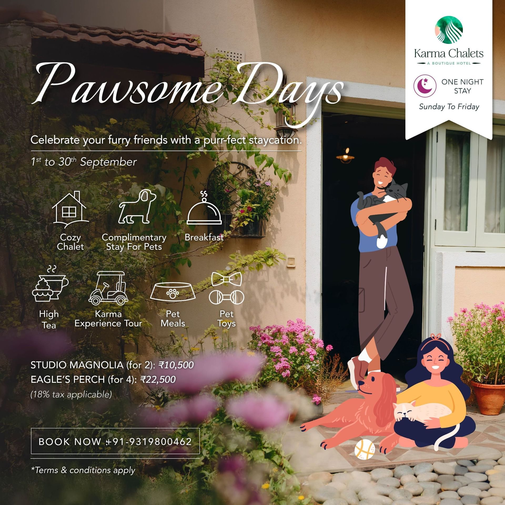 Promotional poster titled Pawsome Days at Karma Chalets featuring cozy chalets, pet-friendly stays, meals, toys, and high tea.