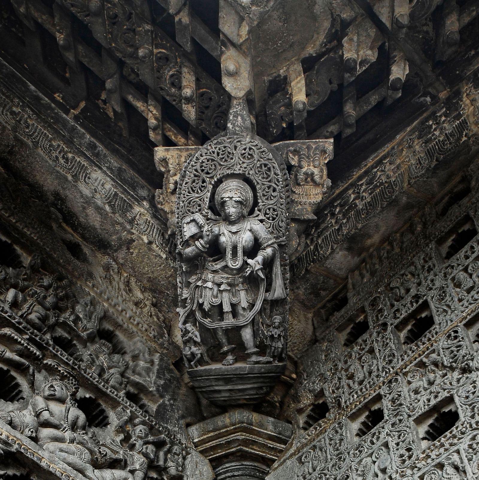 stone carvings at the ceiling of a temple
