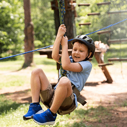 A boy with a helmet swinging.