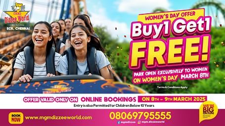 A creative poster featuring details of the Women's Day offer at MGM Dizzee World.