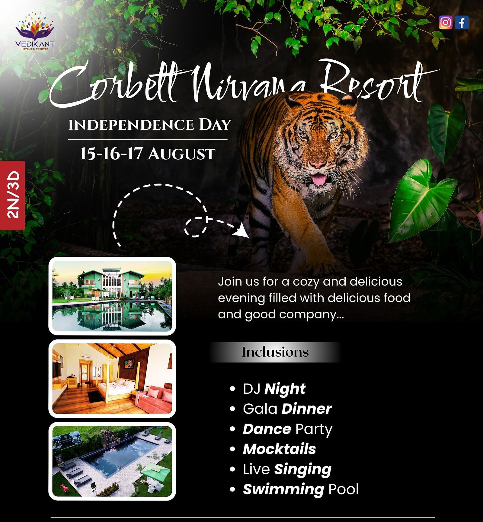 Corbett Nirvana Resort Independence Day package poster, with a tiger image and resort visuals.