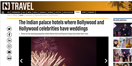 an article about Indian palace hotels where Bollywood and Hollywood celebrate weddings