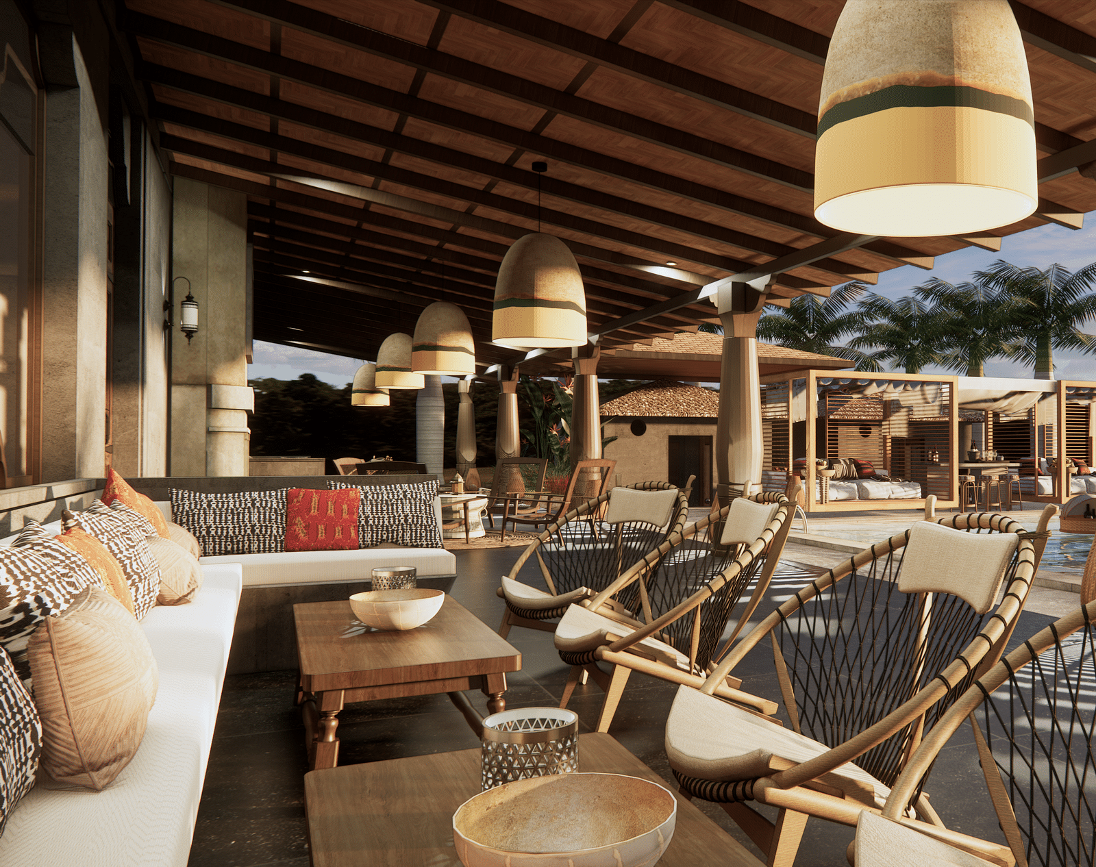 An outdoor lounge area with chairs, a sofa, hanging lights, and plants, under a covered patio - Rhino and River BluSalzz Collection, Pobitora