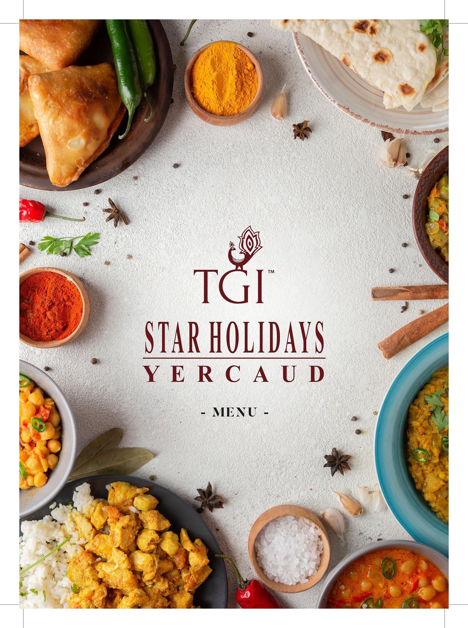 An image of a menu card front cover designed with various dishes 