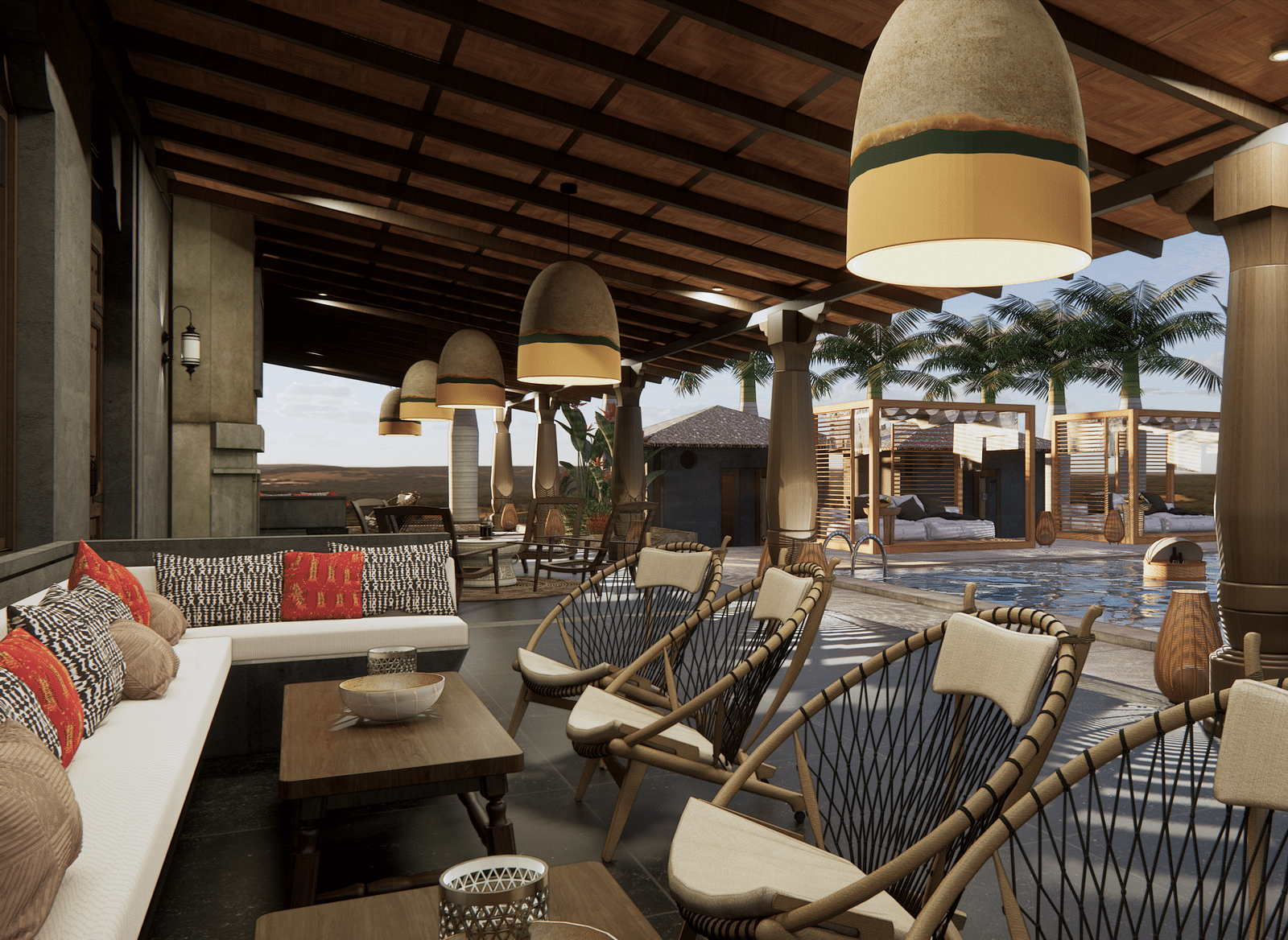 An outdoor lounge with seating, hanging lights, and a view of a pool and cabanas - Rhino and River BluSalzz Collection, Pobitora