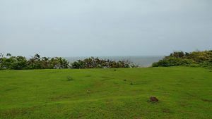 A wide shot of a green grassy field under a hazy sky with distant hills in the background.