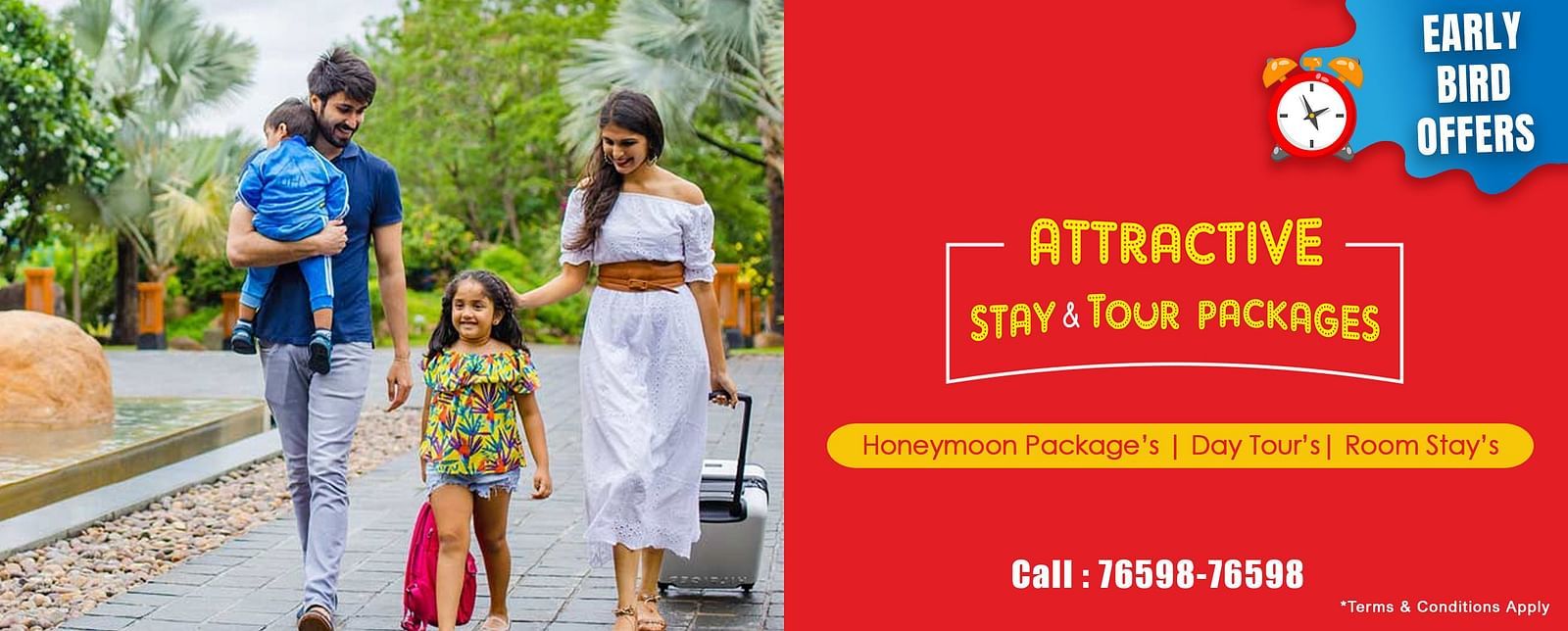 Family with two kids walking in a park with a travel ad for tour packages on the right side.