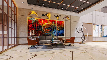 image of the Lobby at Kertel Suites, Kinshasa featuring a common seating area along with a beautiful painting behind it