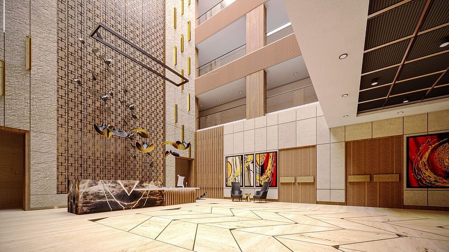 image of the expansive Lobby at Kertel Suites, Kinshasa with a high celing
