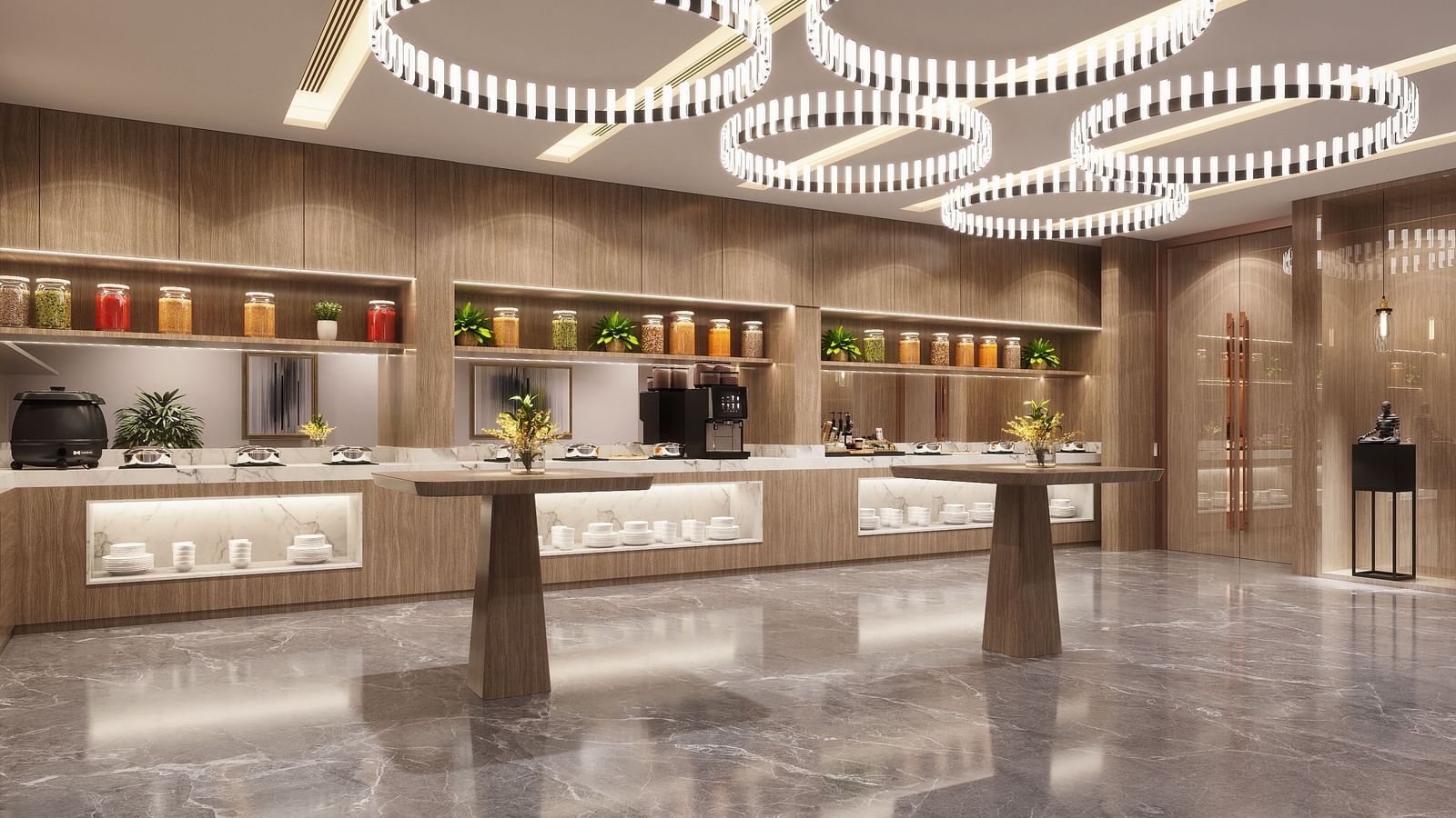 Interior view of a buffet area with serving stations, two tables, and decorative circular lighting overhead.