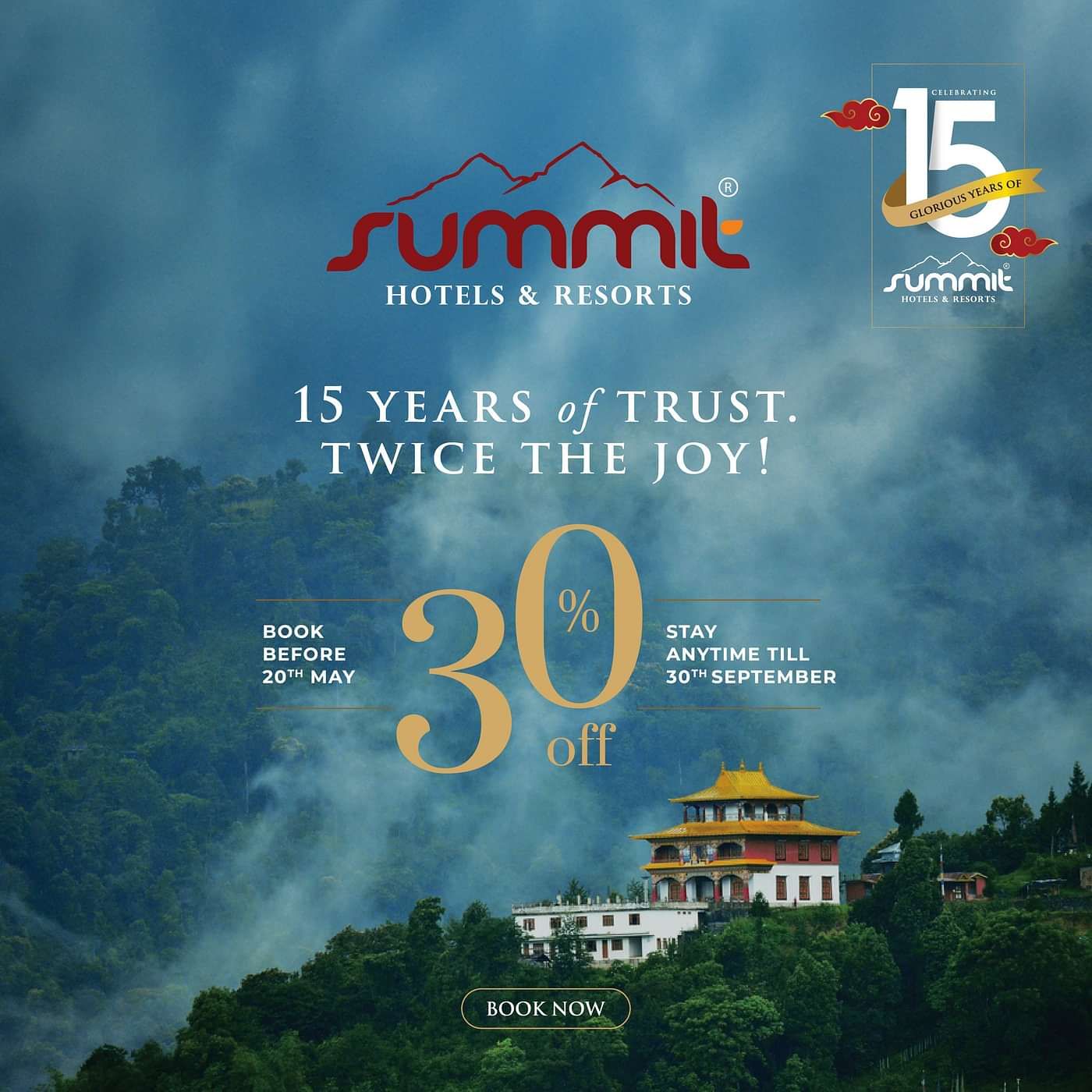 Promotional graphic for Summit Hotels & Resorts with a 15 years logo, red gift boxes, and text 15 years of trust — Twice the joy! 30% off
