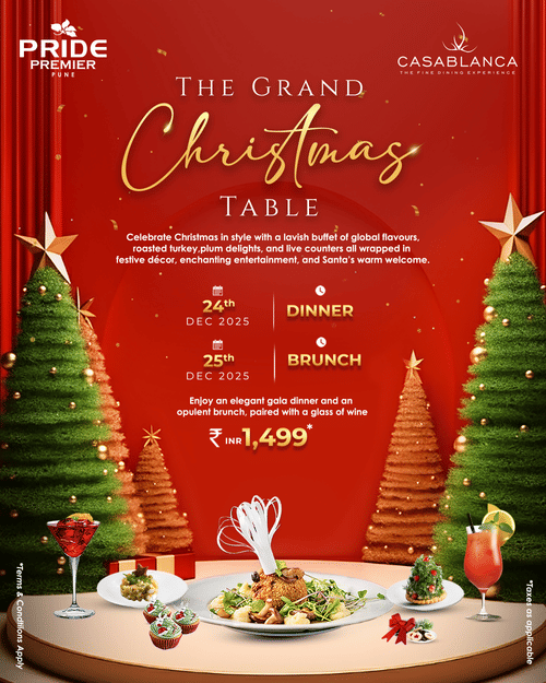 Promotional poster for the Christmas buffet at Casablanca, Pride Premier Pune, featuring festive decor, event dates, dishes, and pricing details.