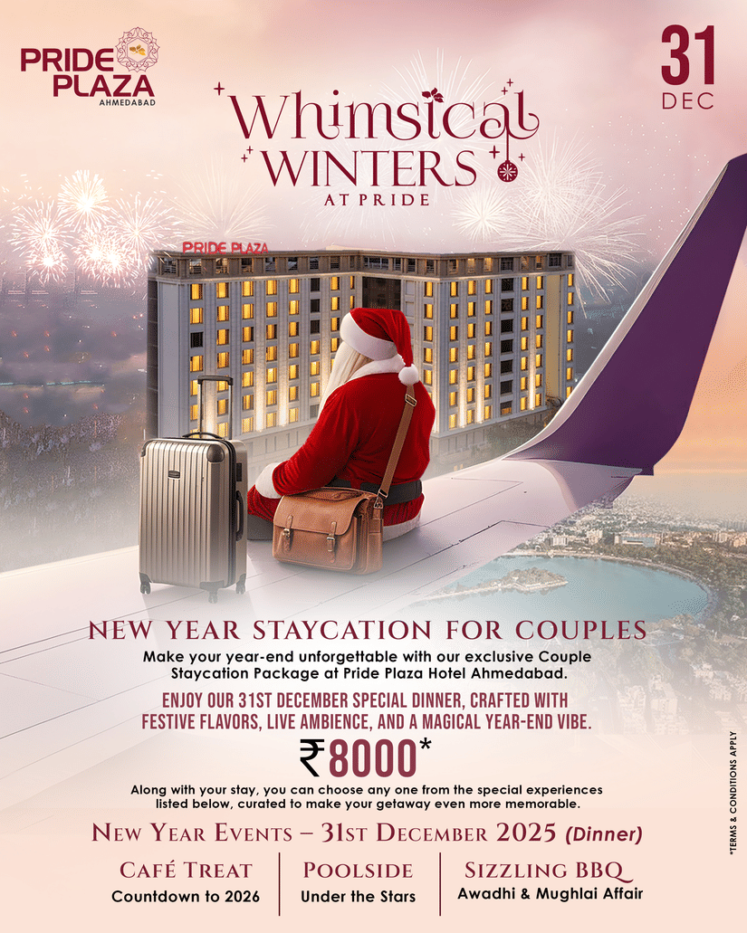 New Year Staycation Package for couples at Pride Plaza Ahmedabad on 31st December 2025. It includes special dinner at Cafe Treat and Sizzling BBQ at INR 8,000.