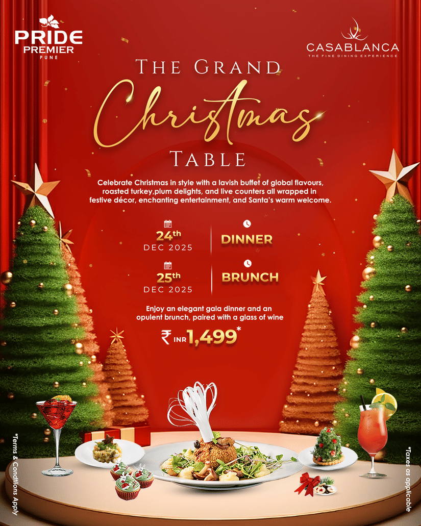 Promotional poster for the Christmas buffet at Casablanca, Pride Premier Pune, featuring festive decor, event dates, dishes, and pricing details.