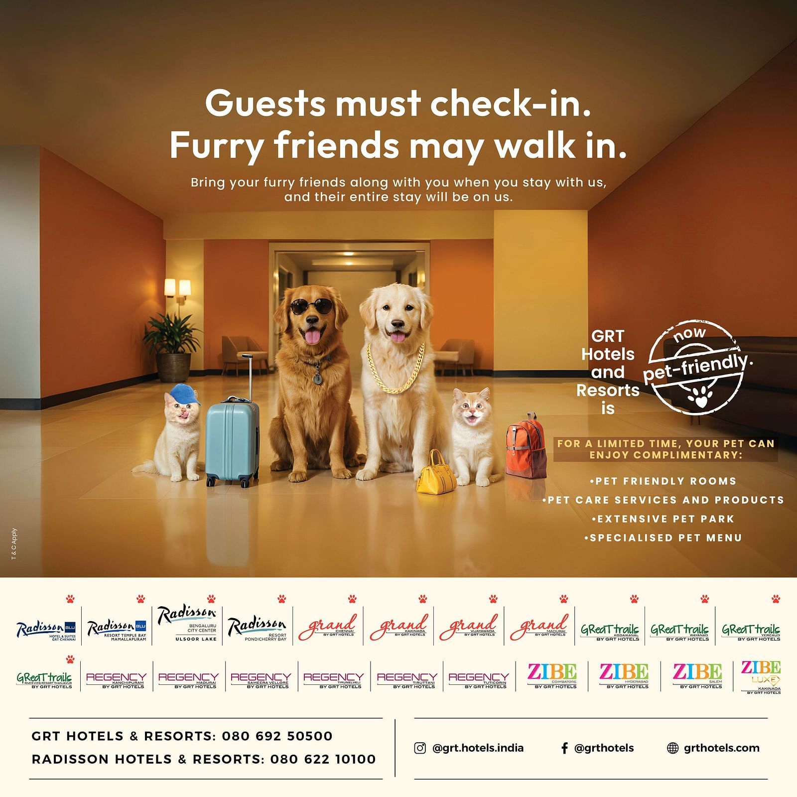 Promotional poster with a dog and luggage, highlighting pet-friendly hotel policies of GRT Hotels