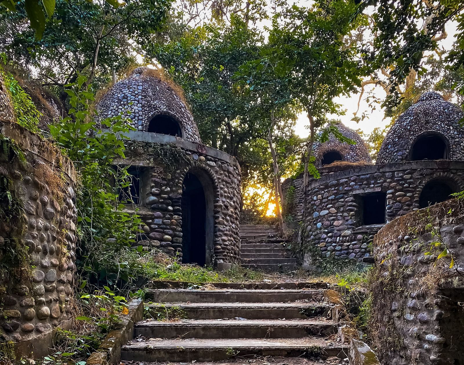stone steps leading to a small building that is covered by trees