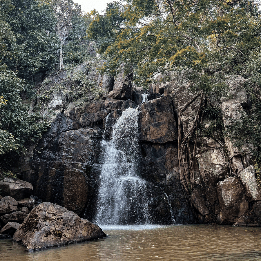 Image of a waterfall cascading down rocky mountain with lush top
