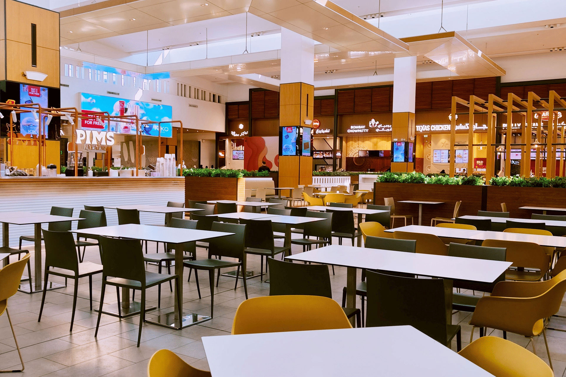 Seating and dining counters at the Brookefields Mall food court in Coimbatore