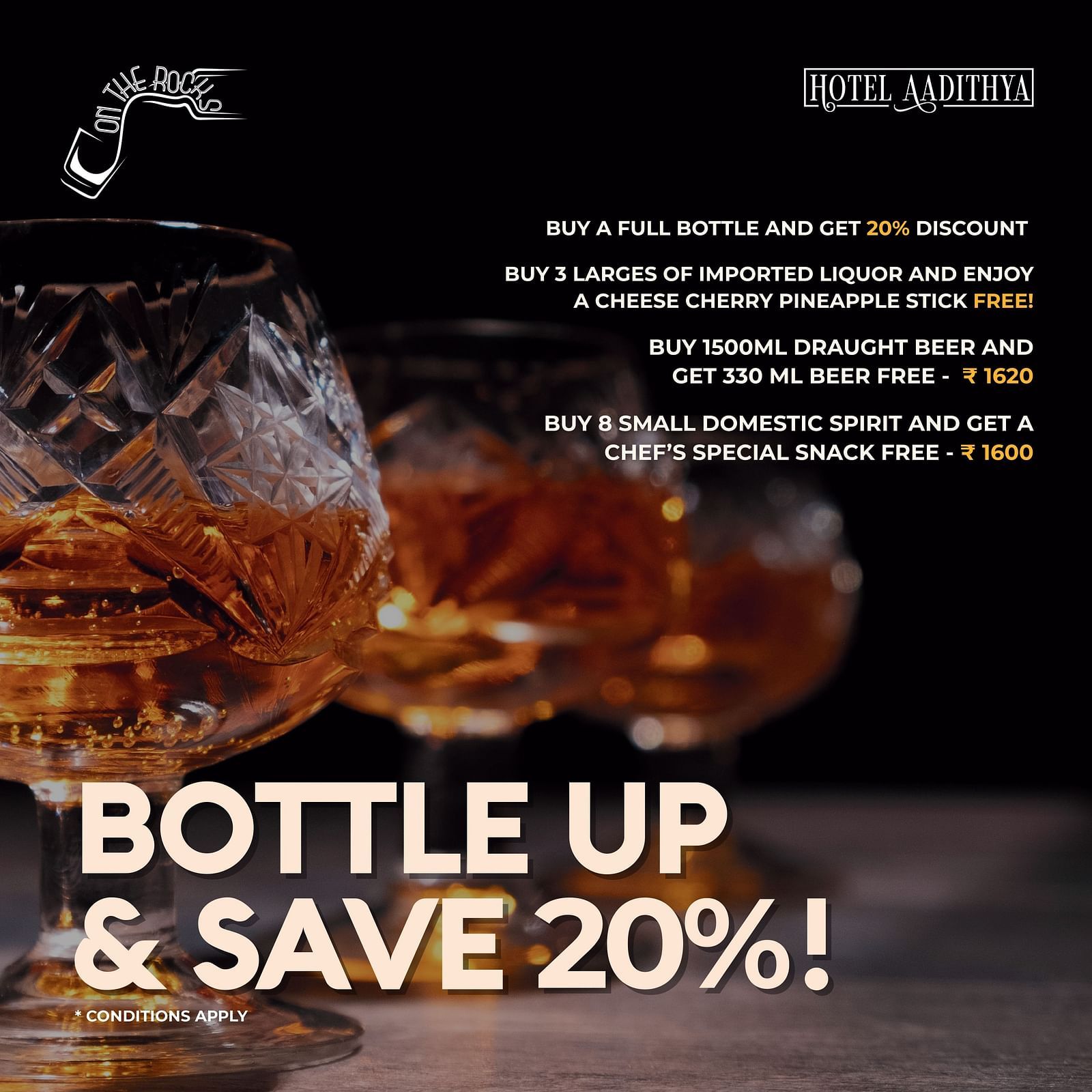 Buy a full bottle and get 20 percent off, plus enjoy imported liquor, draught beer, domestic spirits, snacks, and Pineappy Stick only at Hotel Aadithya, Chennai