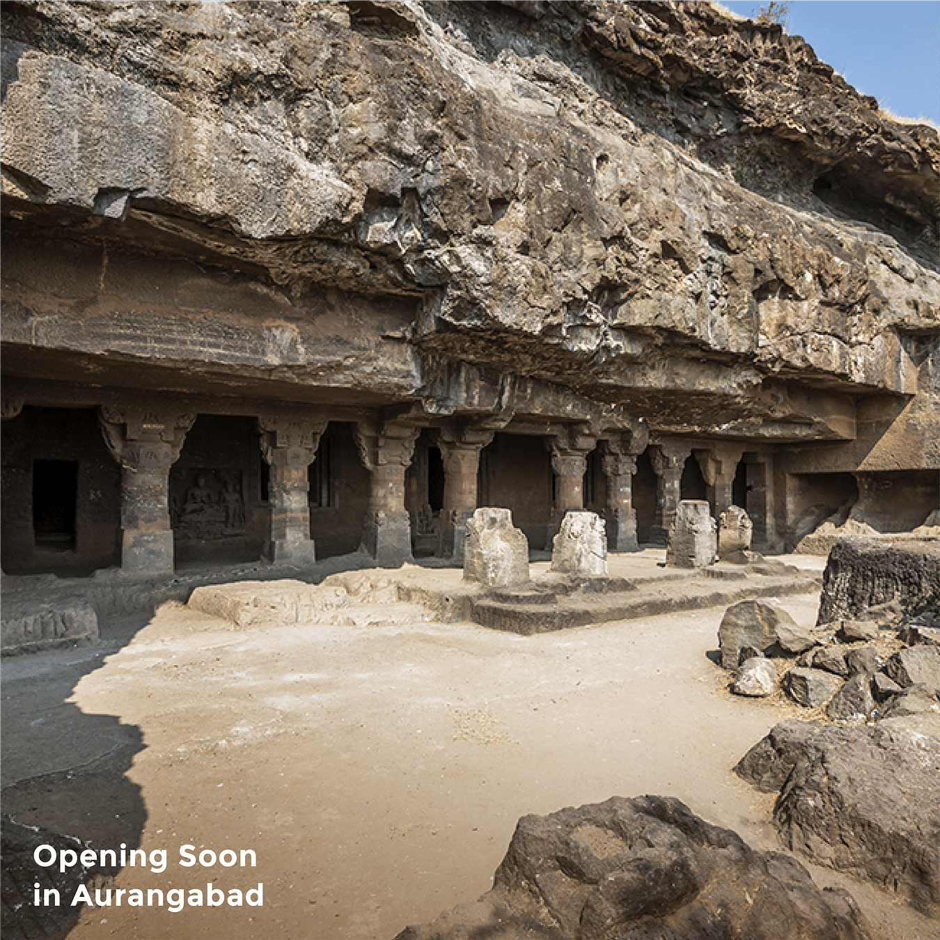 Image featuring Aurangabad Caves on a sunny day as the text says - Opening Soon in Aurangabad
