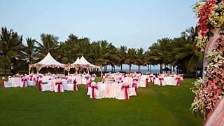 View of outdoor decoration in the open garden for an event.