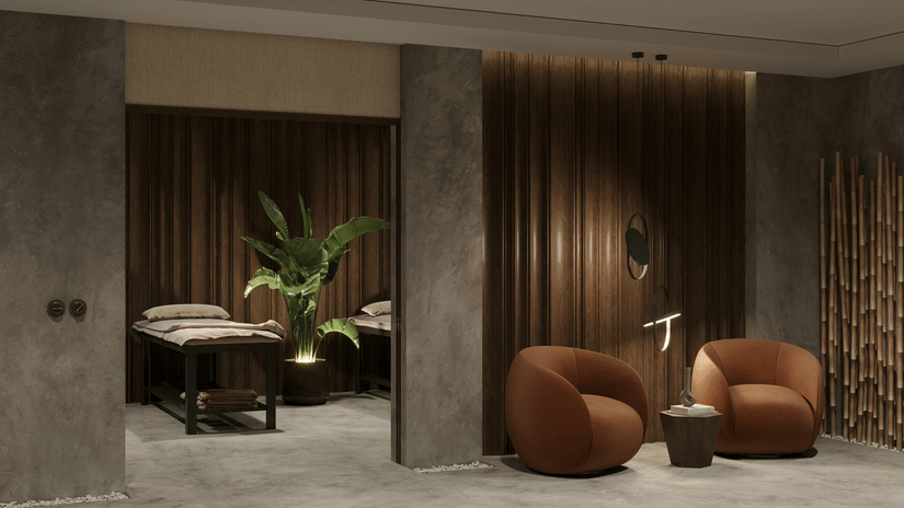 A spa with cushions, and bed setup for massage.