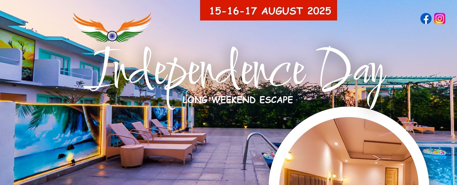 Flyer for Vedikant Resort ‘The Mallard?Corbett’: a 3?day Independence Day package (15–17 August 2025) priced at INR?19,999 per couple. Top shows poolside and bedroom images. Inclusions: accommodation, all meals, entertainment, amenities. Daily highlights: 
