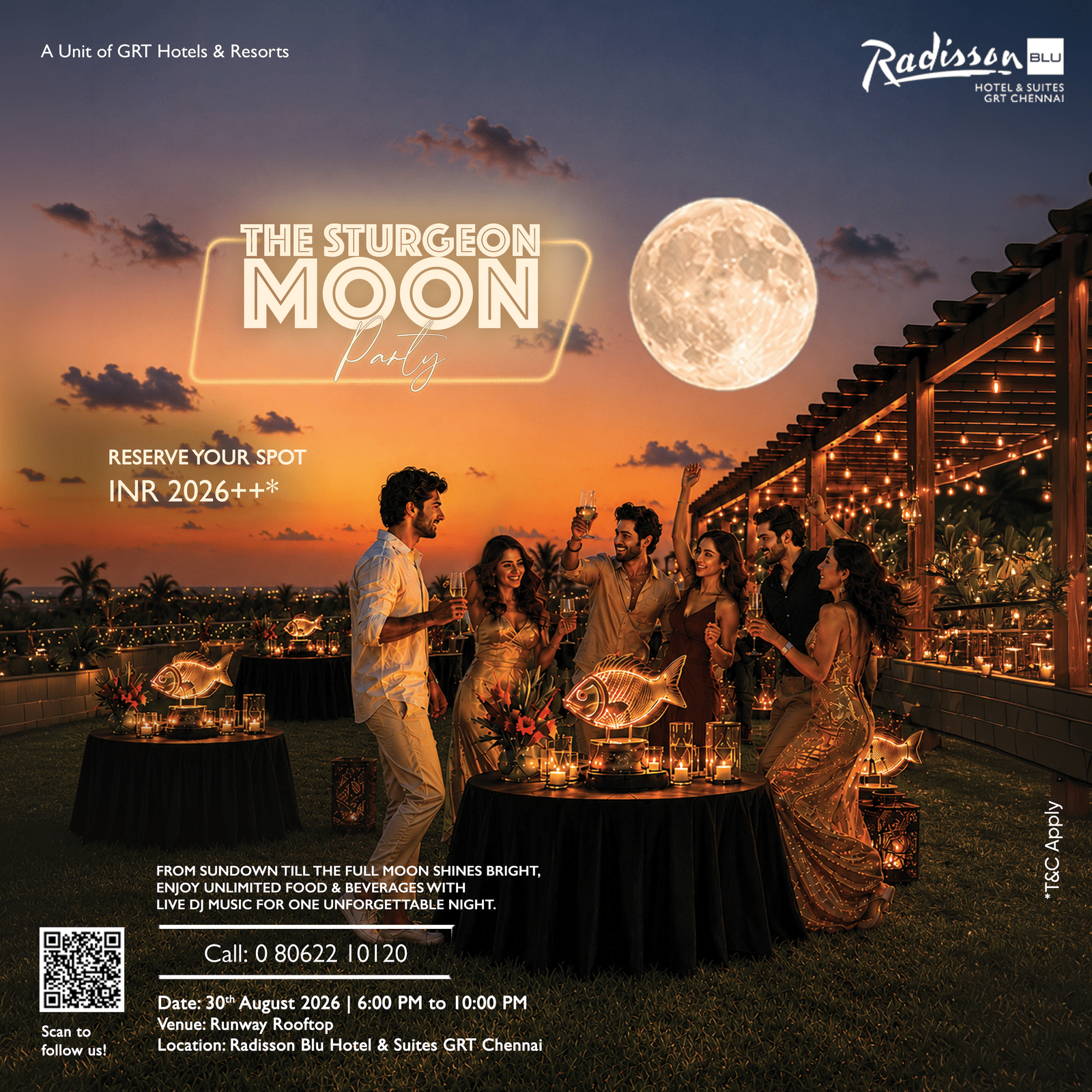 The Sturgeon Moon Party at Radisson Blu Hotel & Suites GRT Chennai with live DJ music, unlimited food and beverages at Runway Rooftop