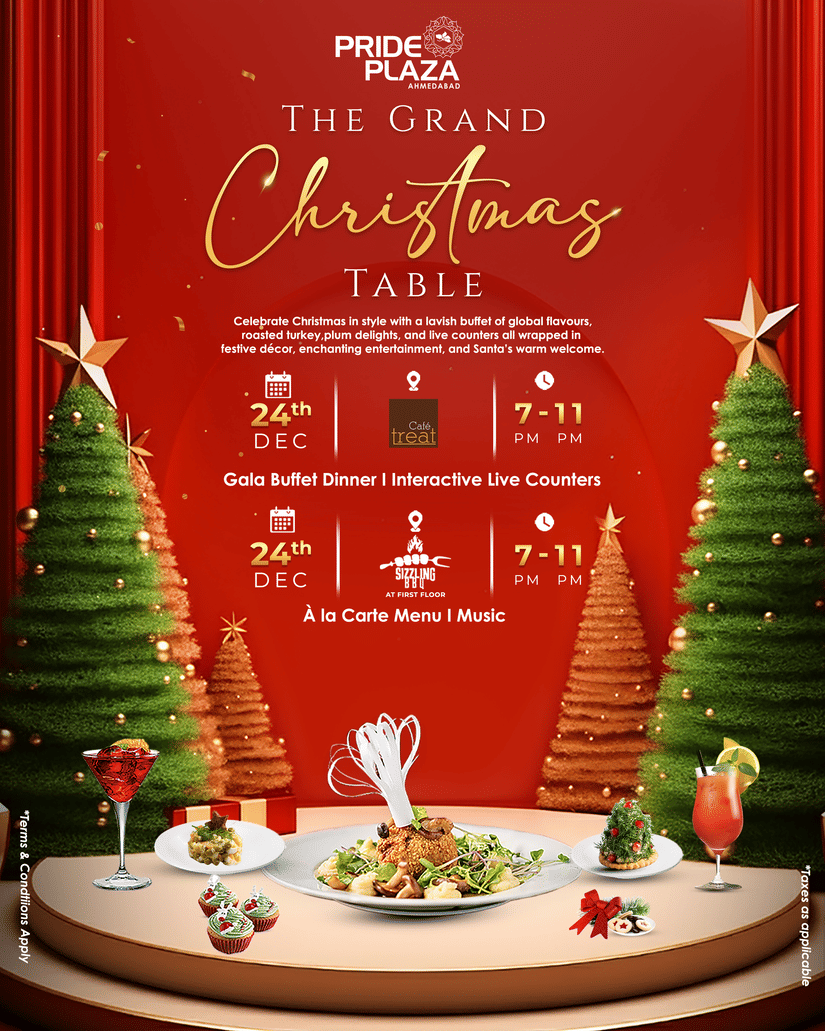 A banner of The Grand Christmas Table dinner buffet and music event at Pride Plaza Ahmedabad featuring a curtain backdrop, gold script lettering, 2 large christmas trees, a central plate of plated food, and small desserts and cocktails in the foreground.