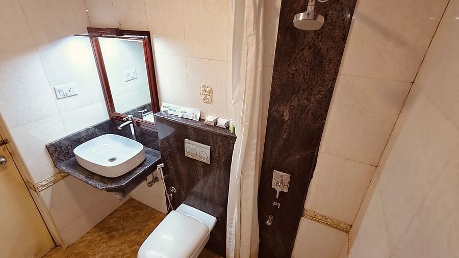 Compact bathroom setup with mirror, sink, and WC at Hotel Alps Residency, Krishnagiri.