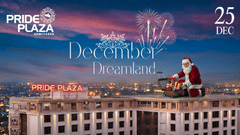 Christmas Eve Stay Package banner featuring festive decorations, golden baubles, candles, and holiday-themed design for Pride Plaza Ahmedabad.