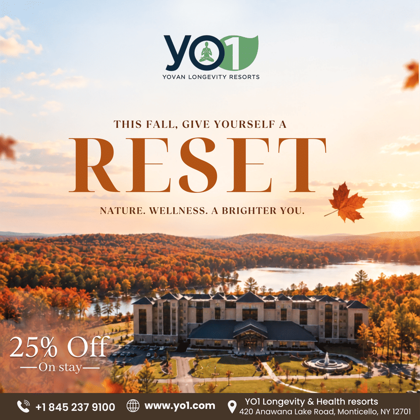 The Golden Getaway: Your Fall Retreat at YO1 Longevity & Health Resorts - aerial view of the resort surrounded by autumn foliage in the Catskills with a 25% off on stay offer