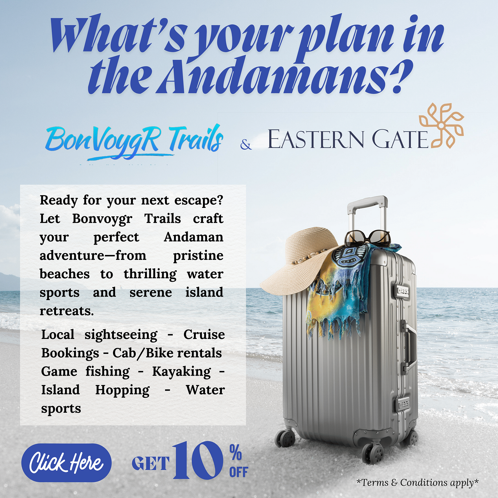 A creative featuring luggage, cap, and scarf with details of the promotion displayed on the items.
