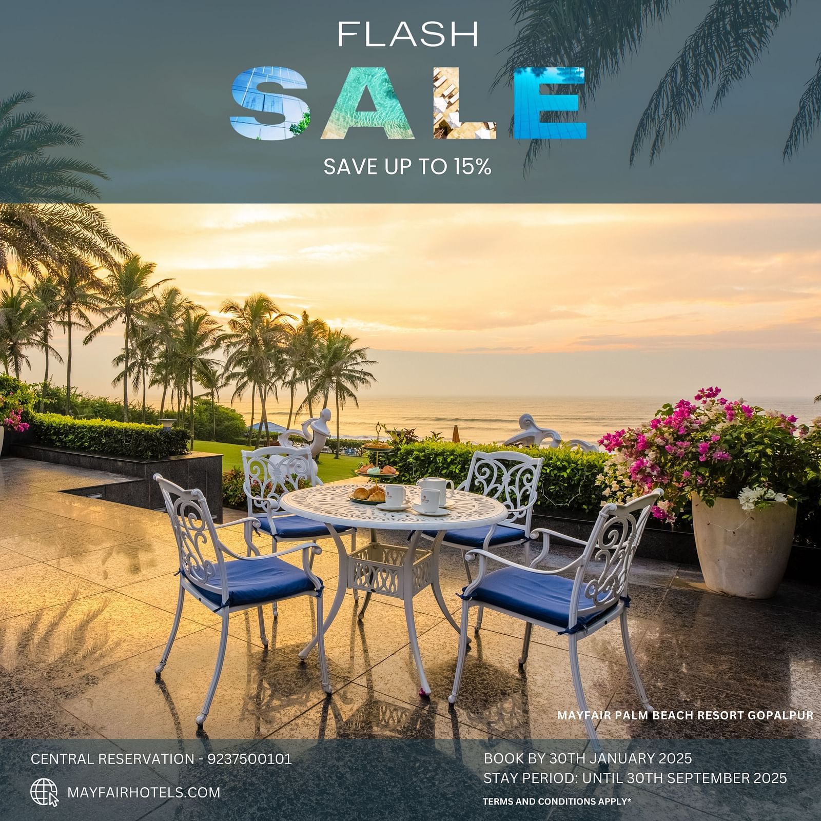 A tranquil beachside patio setting with a table and chairs, inviting guests to enjoy a relaxing stay at Mayfair Palm Beach Resort Gopalpur during their Flash Sale