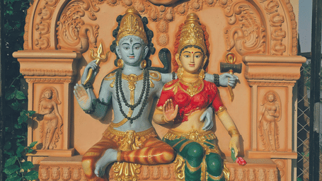 Stock illustration depicting Lord Shiva and Goddess Parvati in a traditional temple artwork.