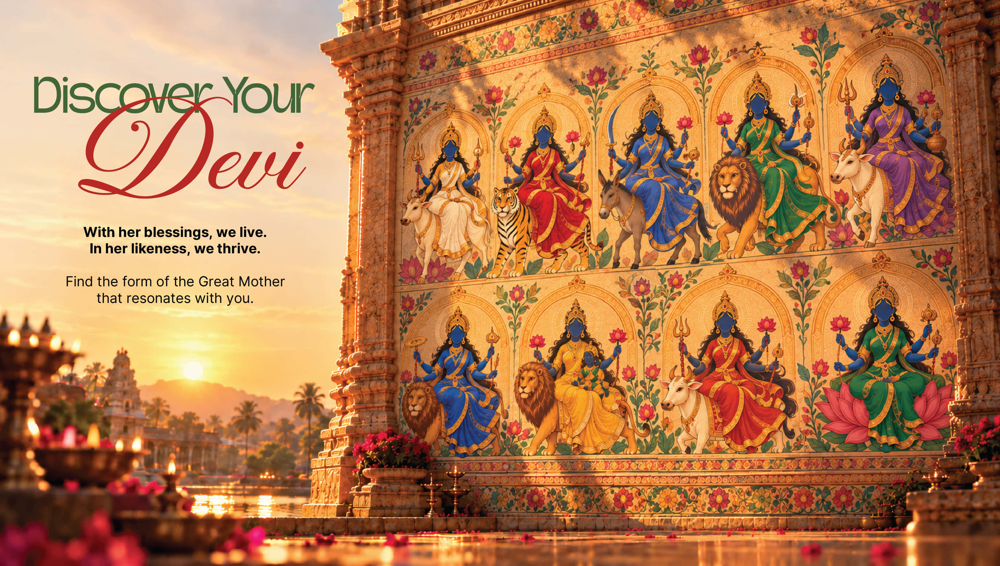 A carved temple wall painted with the nine forms of the Devi, each seated on her mount of bull, tiger, lion or donkey, glows at sunset beside a lamp-lit temple tank, with the words: With her blessings, we live. In her likeness, we thrive. Find the form of the Great Mother that resonates with you.